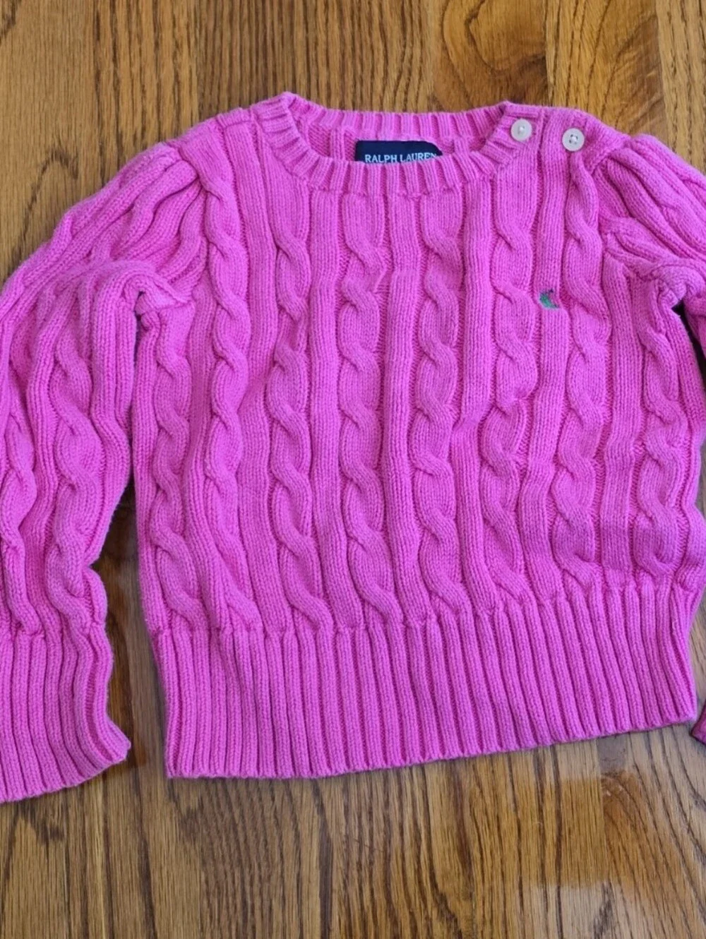 Ralph Lauren Bright Pink Cable Knit Crewneck Sweater with Shoulder Buttons